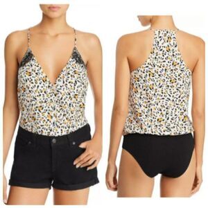 WAYF Noel Animal Leopard Print Lace Trim Bodysuit Plunging V Neck Small Black